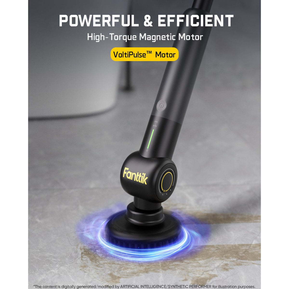 A black G9 Pro Electric Spin Scrubber with a circular brush head, shown on a gray stone-like surface with a blue glow effect. The image includes marketing text at the top reading 'POWERFUL & EFFICIENT' and 'High-Torque Magnetic Motor' with a yellow 'VoltiPulse Motor' badge.
