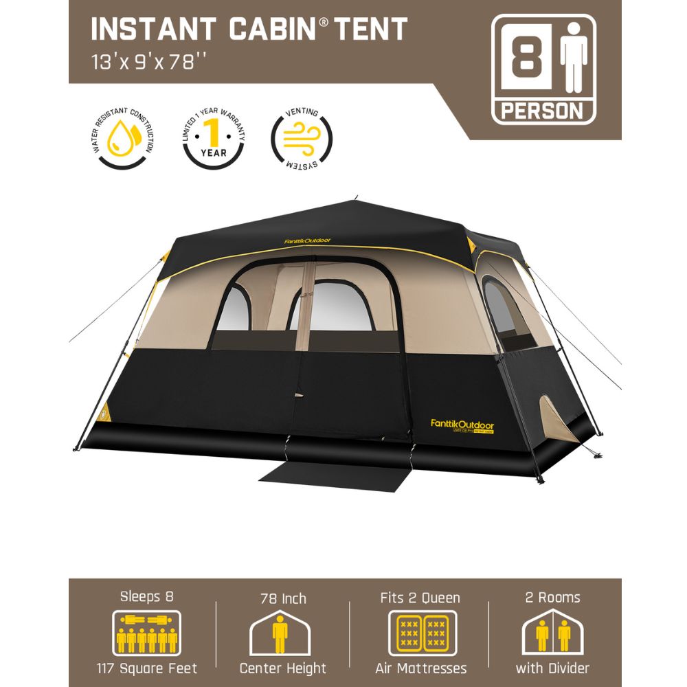 FanttikOutdoor Zeta C8 Pro Instant Cabin Tent 8 Person Camping Tent Setup in 60 Seconds with Rainfly & Windproof Tent with Carry Bag for Family Camping & Hiking, Upgraded Ventilation