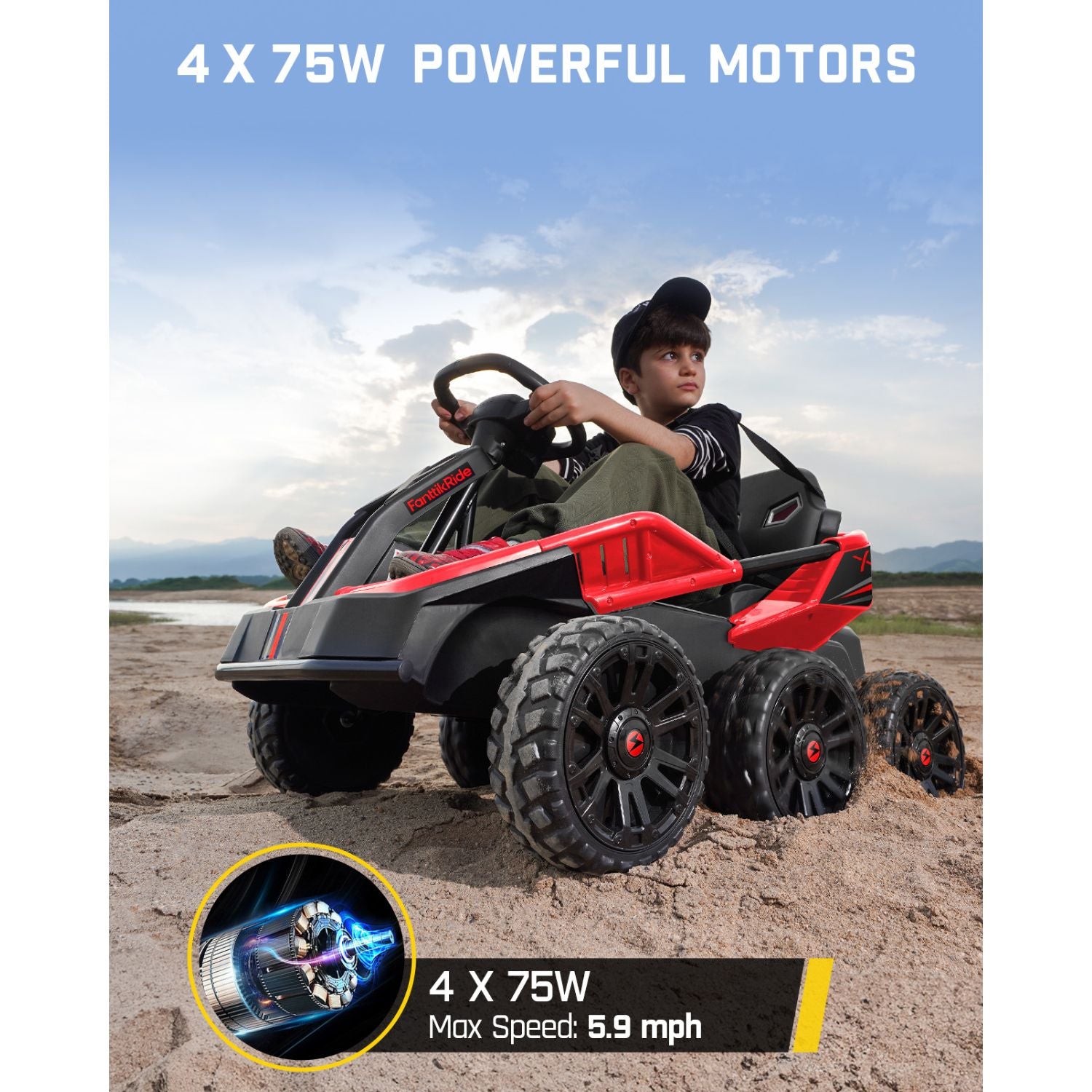 FanttikRide 24V Ride on Toys for Big Kids, 6 Eva Wheels UTV, 4x75W 5.9MPH Powerful Electric Car, 4WD/2WD Switch, Parent Remote, 4 Shock Absorbers, Ideal Gift for Kids Ages 3+