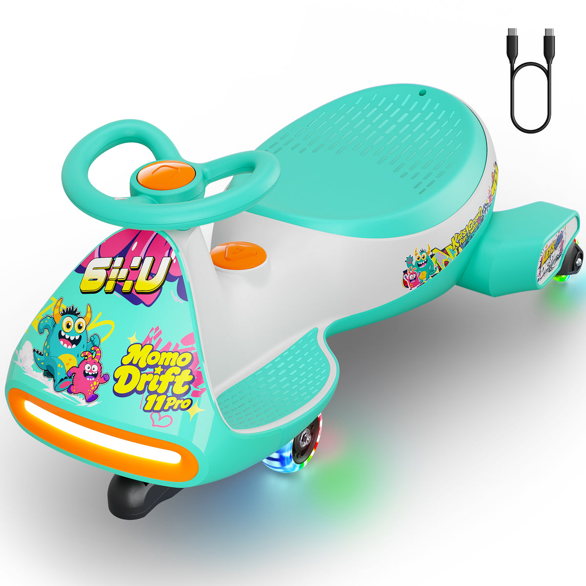 A children's ride-on toy car in mint green and white with colorful cartoon graphics, orange buttons, and glowing multicolor LED wheels. A black charging cable is shown in the top right corner on a clean white background.