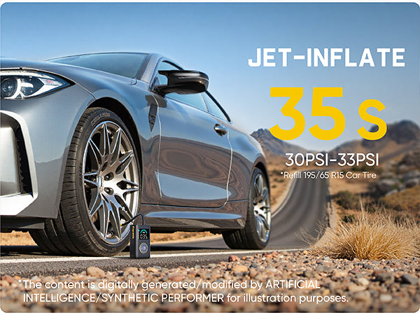 A silver sports car parked on a desert road with a fanttik X10 Pro tire inflator placed near the front wheel. Large text reads 'JET-INFLATE 35s 30PSI-33PSI' and there is a disclaimer at the bottom stating the content is digitally generated/modified by artificial intelligence.