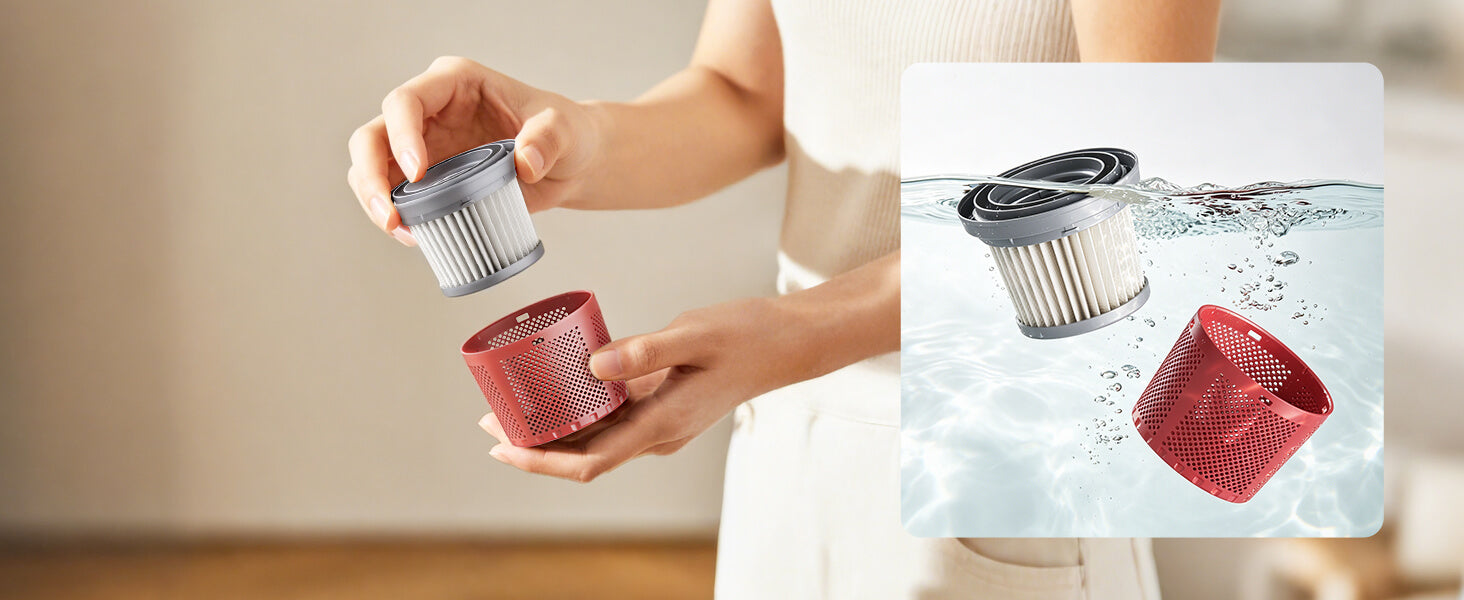 A person holds two replacement air filter components, one gray pleated filter and one red mesh canister, against a warm beige background. A square inset on the right shows the components floating in water.