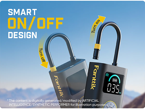 A  fanttik X10 Pro tire inflator shown in two positions with arrows labeled 'Turn on' and 'Turn off' against a blue sky background. The padlock is dark gray with yellow accents and a digital display.