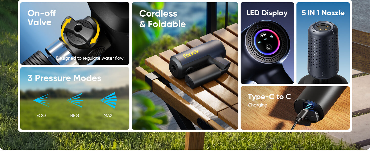 Fanttik NB10 Flip Portable Pressure Washer Gun, Foldable Cordless Pressure Washer Sprayer, Multi-Scenario Compatibility, 5-in-1 Nozzle, HD LED Display and Type-C Charging, for Patio, Camping, Bicycles