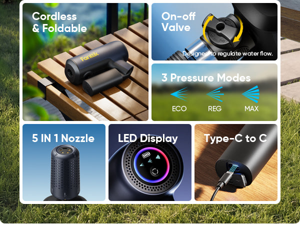 Fanttik NB10 Flip Portable Pressure Washer Gun, Foldable Cordless Pressure Washer Sprayer, Multi-Scenario Compatibility, 5-in-1 Nozzle, HD LED Display and Type-C Charging, for Patio, Camping, Bicycles