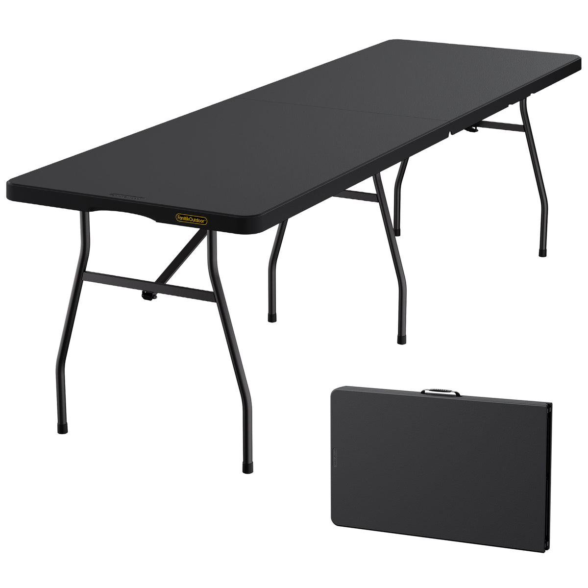 A black folding table shown open, with its matching black carrying case pictured in the lower right on a plain white background.