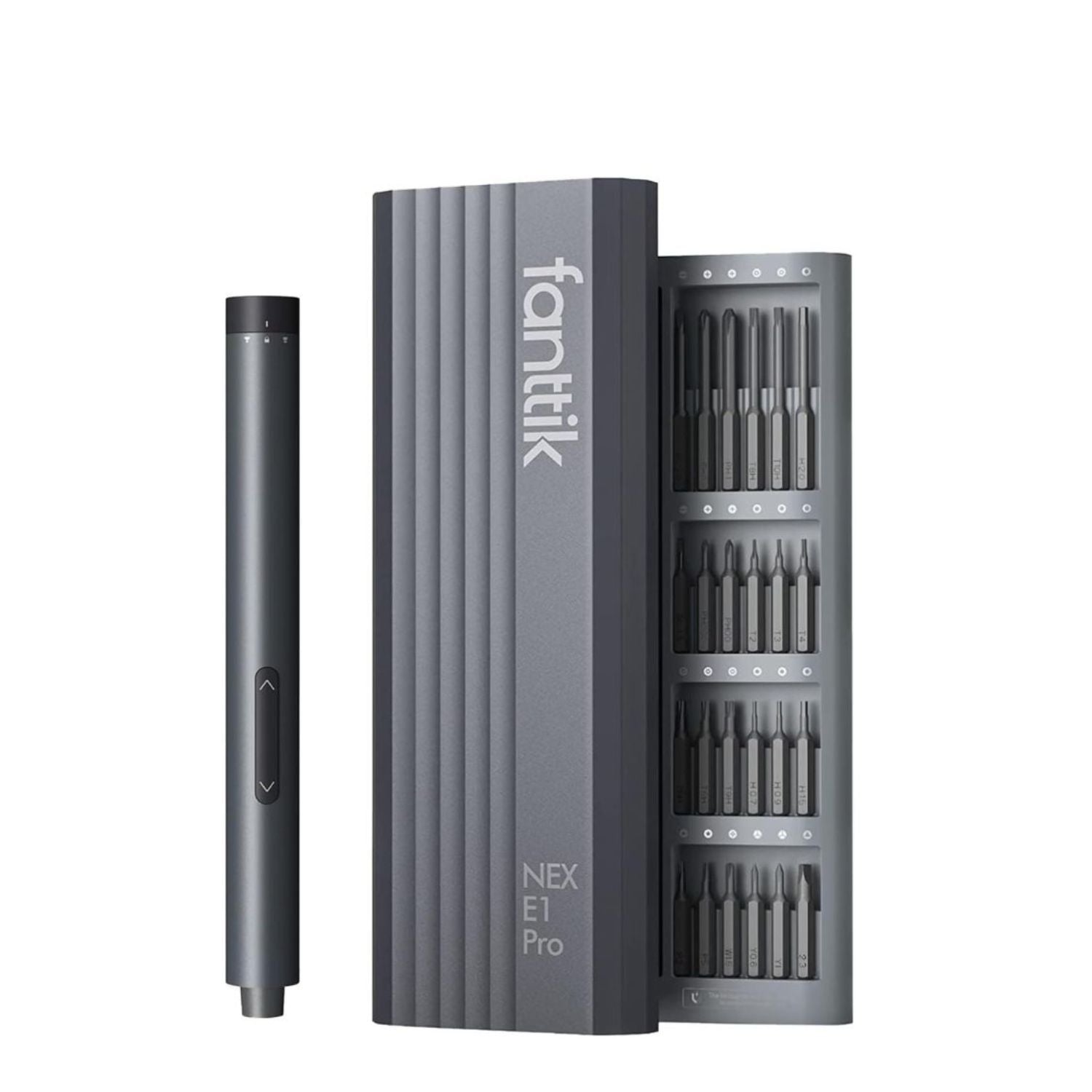 A A Fanttik E1 Pro Precision Electric Screwdriver set including the dark gray cylindrical driver bit, its matching vertical storage box, and a side panel displaying multiple included drill bits.