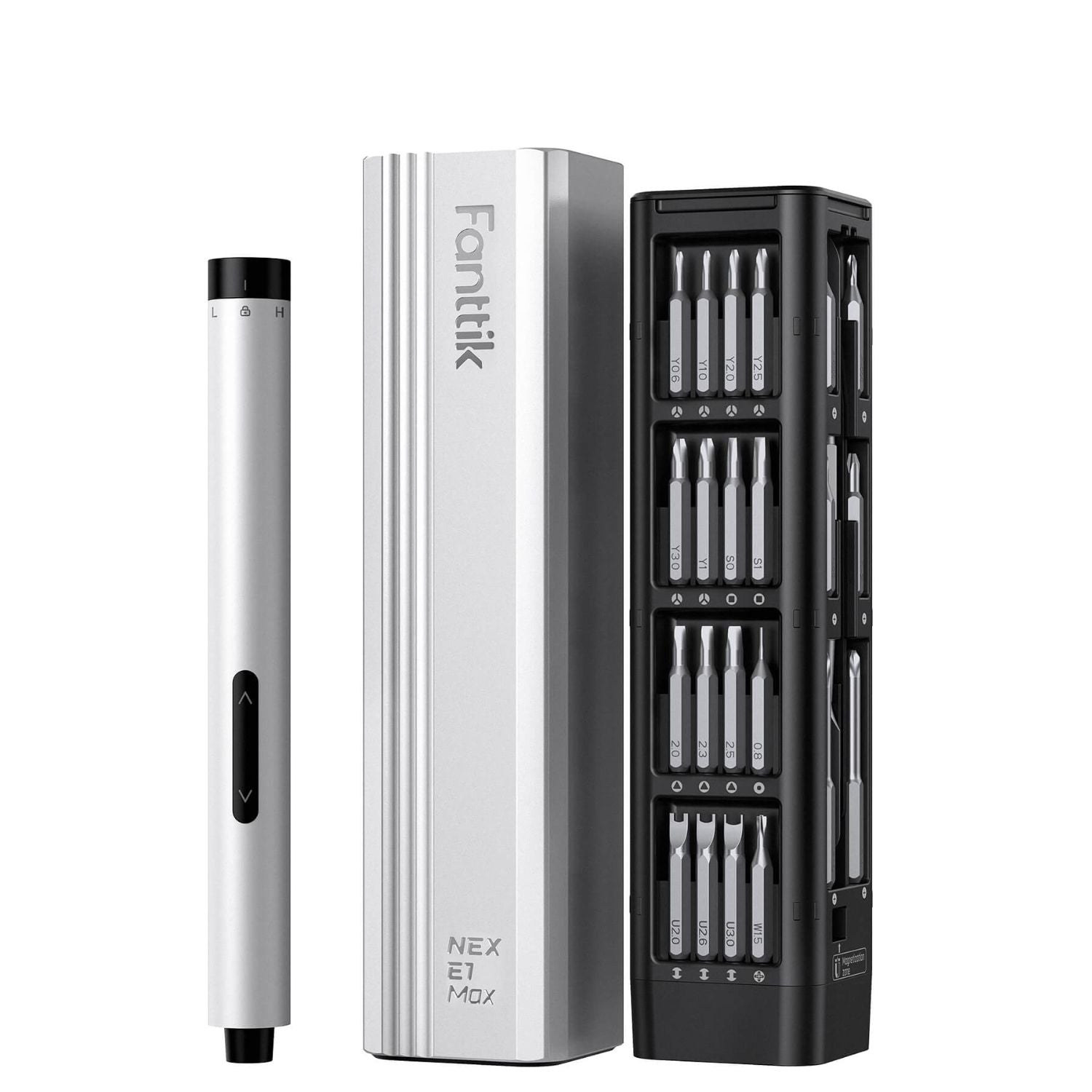 A Silver Fanttik E1 MAX Precision Electric Screwdriver, featuring a slim silver battery pen with multiple screwdriver bits on the right.