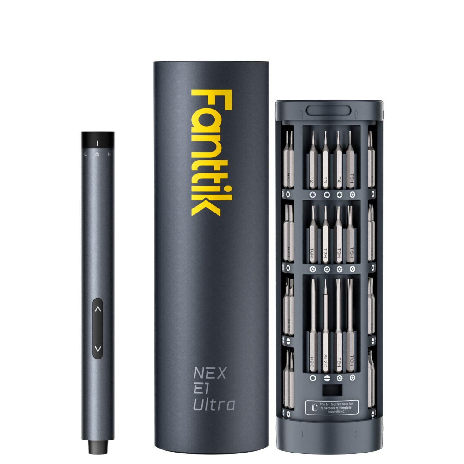 A dark gray Fanttik NEX E1 Ultra electric screwdriver shown alongside its matching cylindrical carrying case and an open view displaying the included screwdriver bits.