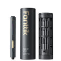 Fanttik E2 Ultra Precision Electric Screwdriver shown with its cylindrical carrying case and a single battery unit on a clean white background.