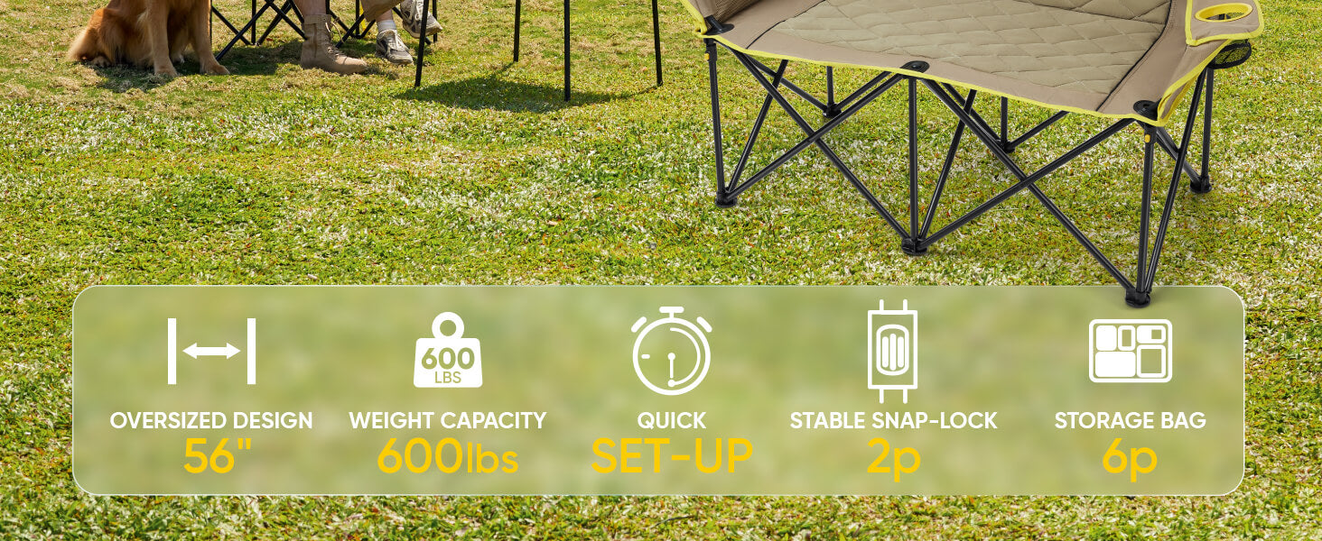 FanttikOutdoor Zeta L11 Duo Pro Double Camping Chair, 2 Person Portable Folding Couch, High Strength Loveseat with Cup Holder & Carry Bag for Travel, Games, BBQ, Backyard, Support up to 600 lbs
