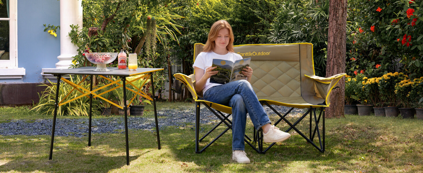 FanttikOutdoor Zeta L11 Duo Pro Double Camping Chair, 2 Person Portable Folding Couch, High Strength Loveseat with Cup Holder & Carry Bag for Travel, Games, BBQ, Backyard, Support up to 600 lbs