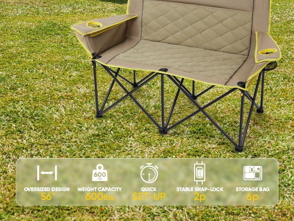 FanttikOutdoor Zeta L11 Duo Pro Double Camping Chair, 2 Person Portable Folding Couch, High Strength Loveseat with Cup Holder & Carry Bag for Travel, Games, BBQ, Backyard, Support up to 600 lbs