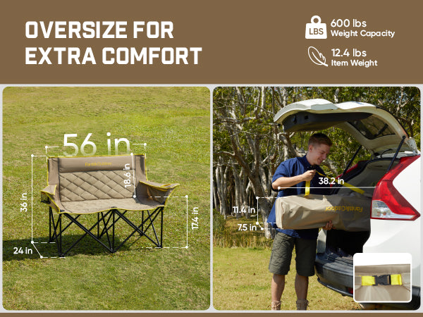 FanttikOutdoor Zeta L11 Duo Pro Double Camping Chair, 2 Person Portable Folding Couch, High Strength Loveseat with Cup Holder & Carry Bag for Travel, Games, BBQ, Backyard, Support up to 600 lbs