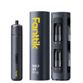 A dark gray Fanttik S1 Pro Cordless Electric Screwdriver shown next to its matching cylindrical carrying case and a second side view of the case on a plain white background.