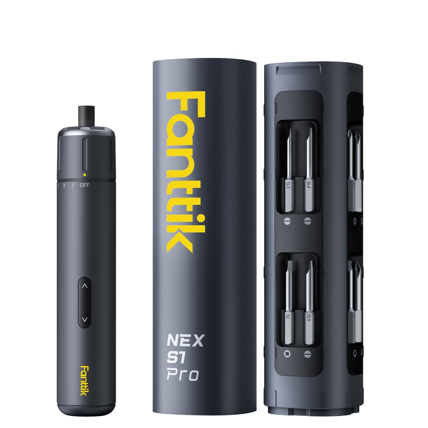 A dark gray Fanttik S1 Pro Cordless Electric Screwdriver shown next to its matching cylindrical carrying case and a second side view of the case on a plain white background.