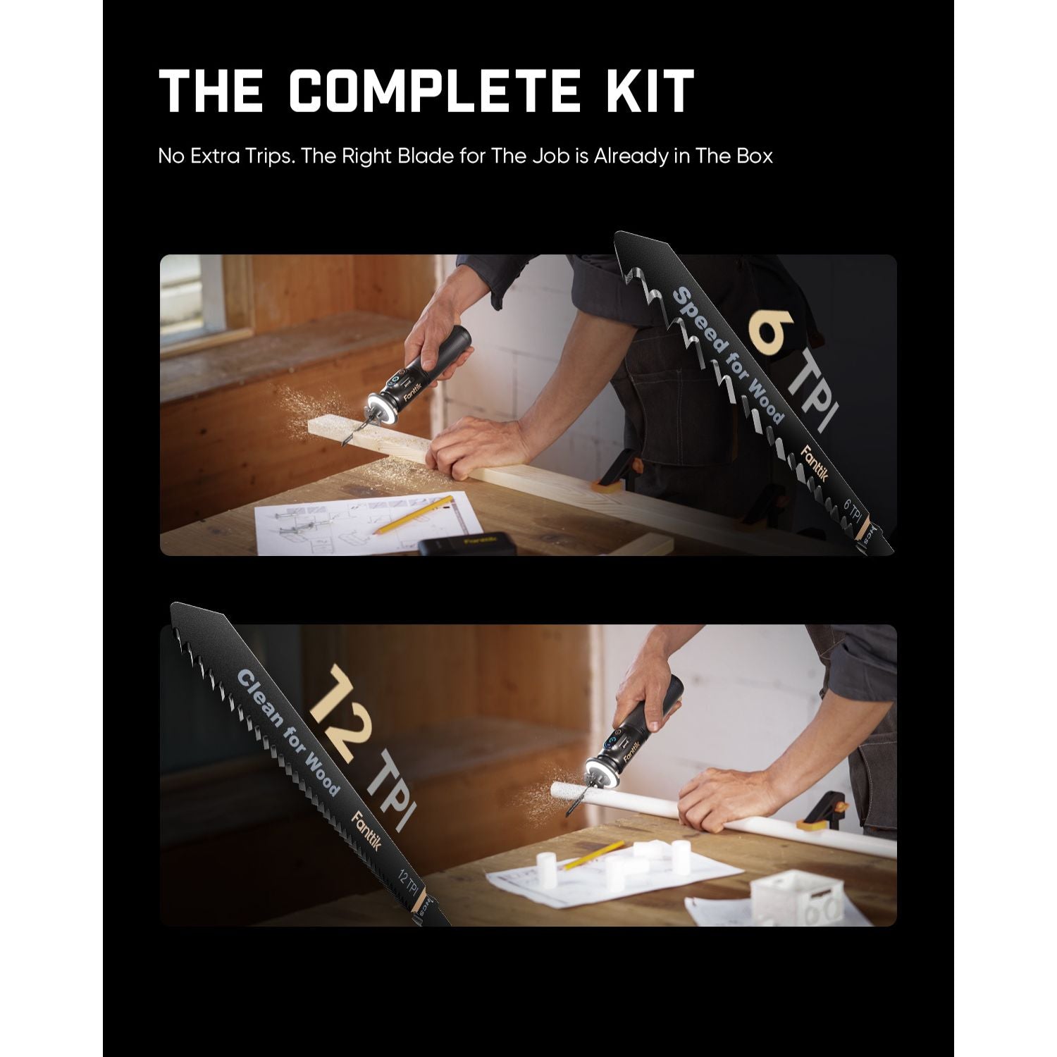Fanttik R11 Pro cordless reciprocating saw kit with 6 wood and 12 wood blades
