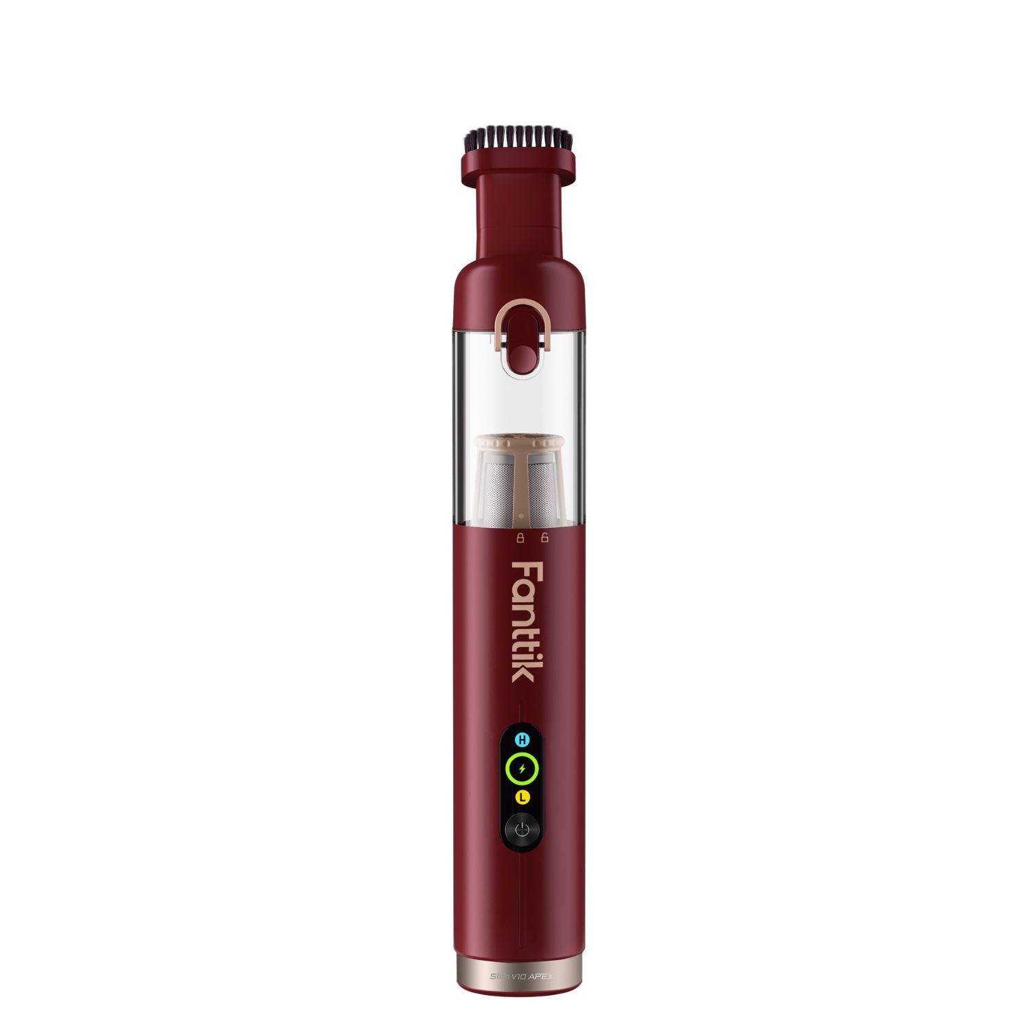 Red Fanttik Slim V10 Apex cordless car vacuum with clear dustbin and brush attachment