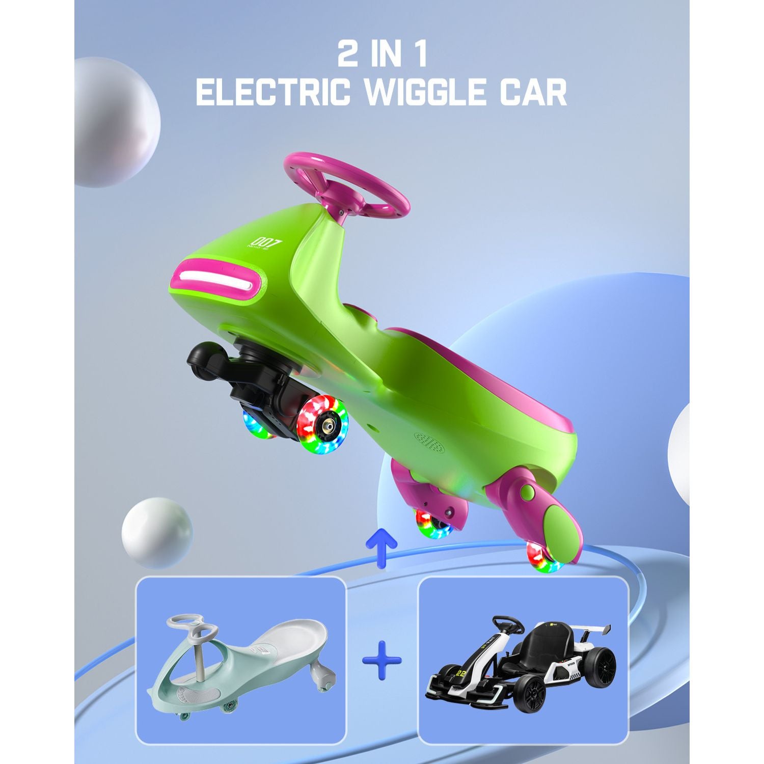 FanttikRide N7 Classic Electric Wiggle Car with Pedal, 6V Rechargeable Battery, 2 in 1 Swing Car, 2 Speed Ride On Toy, Anti-Rollover, Flashing Wheels, Bluetooth, Wiggle Car for 3 Years+, 150 Lbs