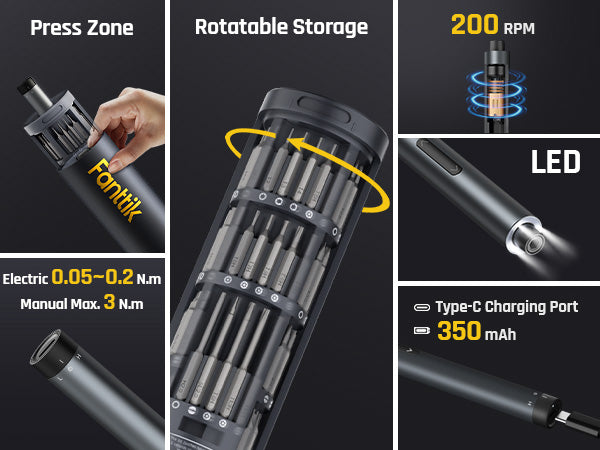 Fanttik E1 Ultra 3.7V Mini Electric Screwdriver, Precision Electric Set, 50-in-1 Magnetic Bits, Magnetic Rotatable Storage, 5/32''Hex, Electric Screwdriver for Electronics Phone Camera Laptop Watch