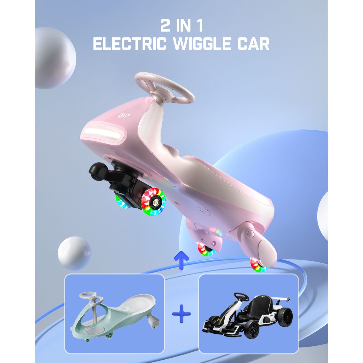 FanttikRide N7 Classic Electric Wiggle Car with Pedal, 6V Rechargeable Battery, 2 in 1 Swing Car, 2 Speed Ride On Toy, Anti-Rollover, Flashing Wheels, Bluetooth, Wiggle Car for 3 Years+, 150 Lbs