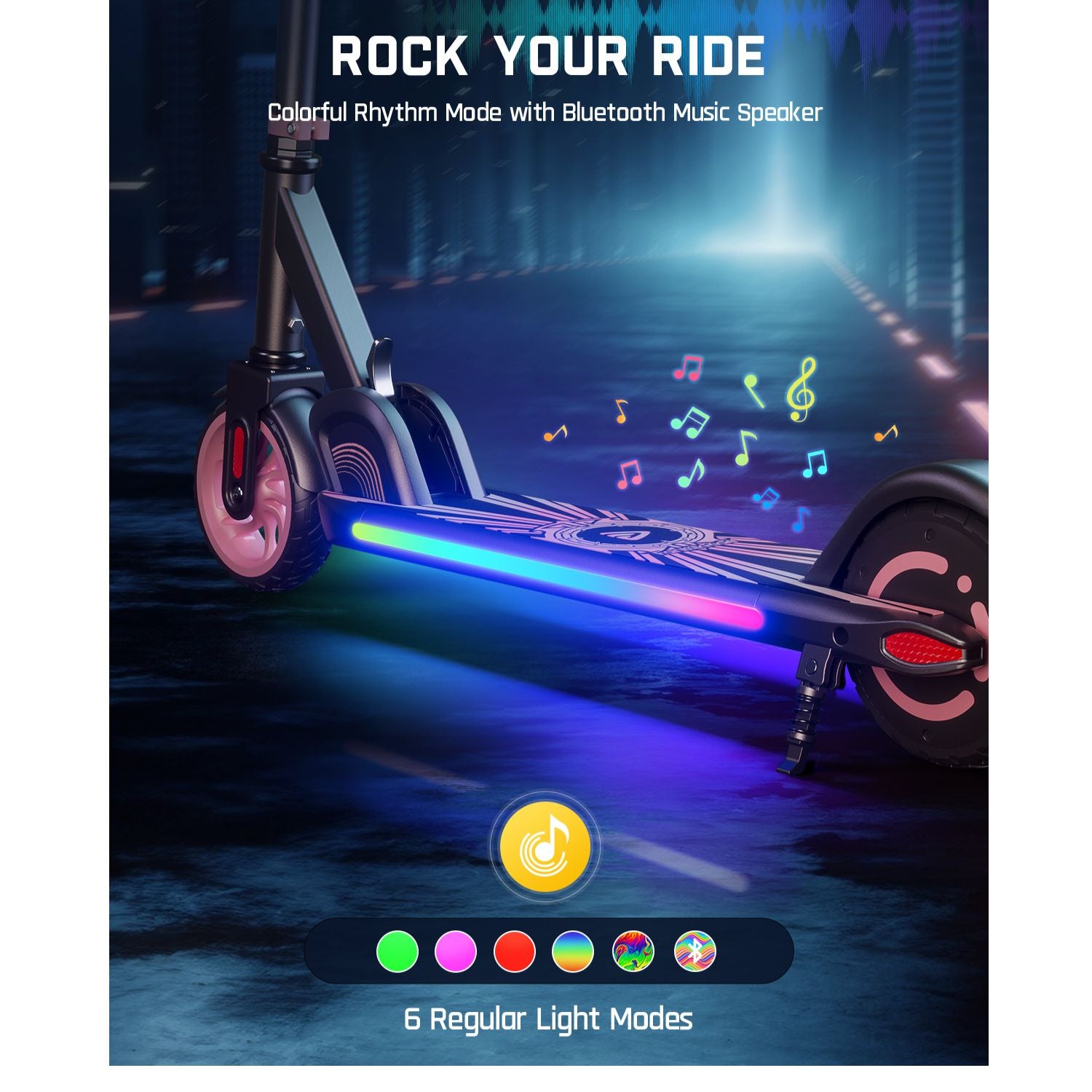FanttikRide C9 Apex Electric Scooter for Kids Ages 8-12, Bluetooth Music Speaker, Colorful Rainbow Lights, 5/8/10MPH, 5 Miles Range, Adjustable Height, Foldable, Gift for Teens up to 132 lbs