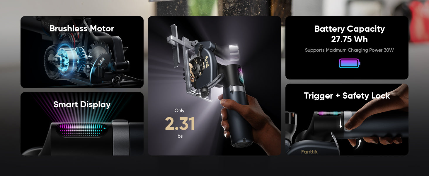 Promotional graphic for a Fanttik O11 Pro 3-3/8 Inch Cordless Circular Saw showing feature callouts: brushless motor, smart display, battery capacity 27.75 Wh, trigger + safety lock, and a 2.