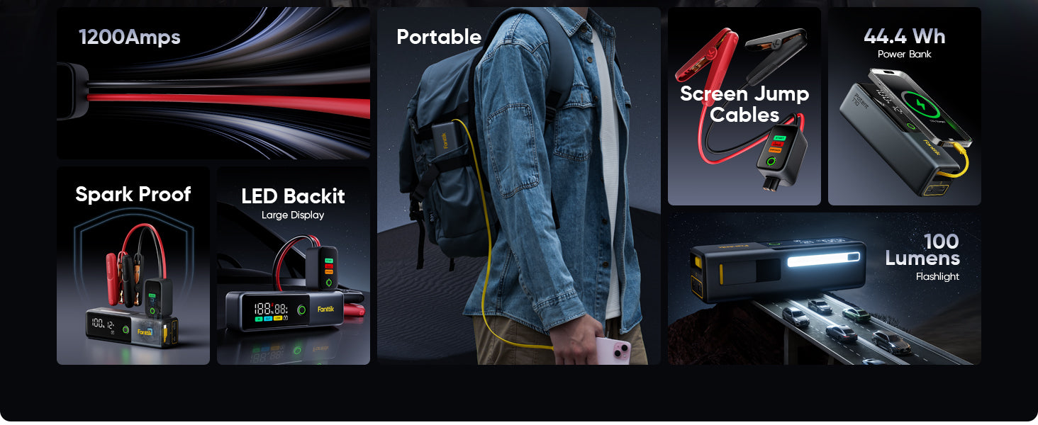 Fanttik Potent T10 1800A Portable Jump Starter, 12000mAh Jump Box for Car Battery for up to 7.0L Gas and 5.0L Diesel Engines, 12V Safe Lithium with Retractable Charging Cable, Power Bank & LED Display