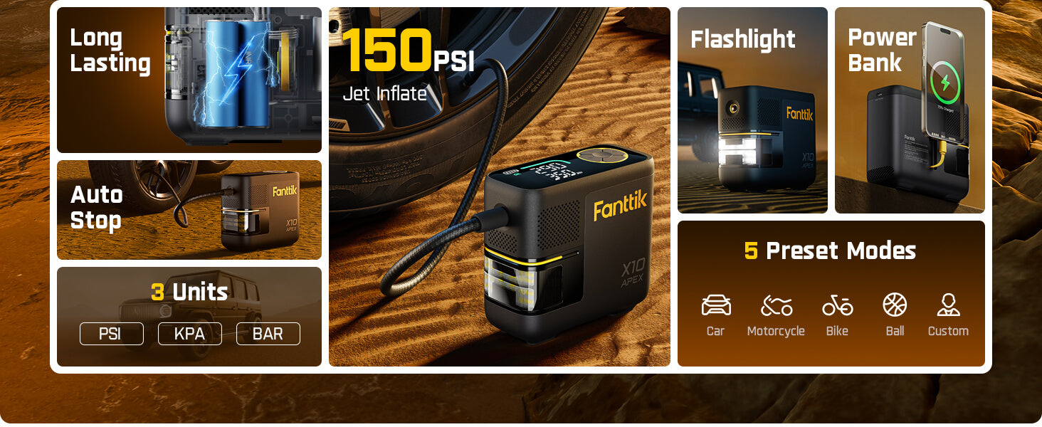 Fanttik X10 APEX Tire Inflator Portable Air Compressor, 35s Fast Inflation, 150 PSI Cordless Tire Inflator with Digital Pressure Gauge, Car Air Pump for MPV, SUV, Motorcycles, Bikes, Balls