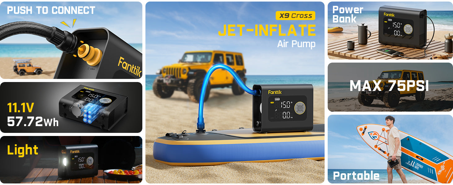 Fanttik X9 Cross Paddle Board Air Pump, Portable Tire Inflator | Max 75PSI with Auto-Off, Deflation | Air Pump with Light and Power Bank | for SUP, Car, Motorcycle, Board, Kayak, Tent etc.