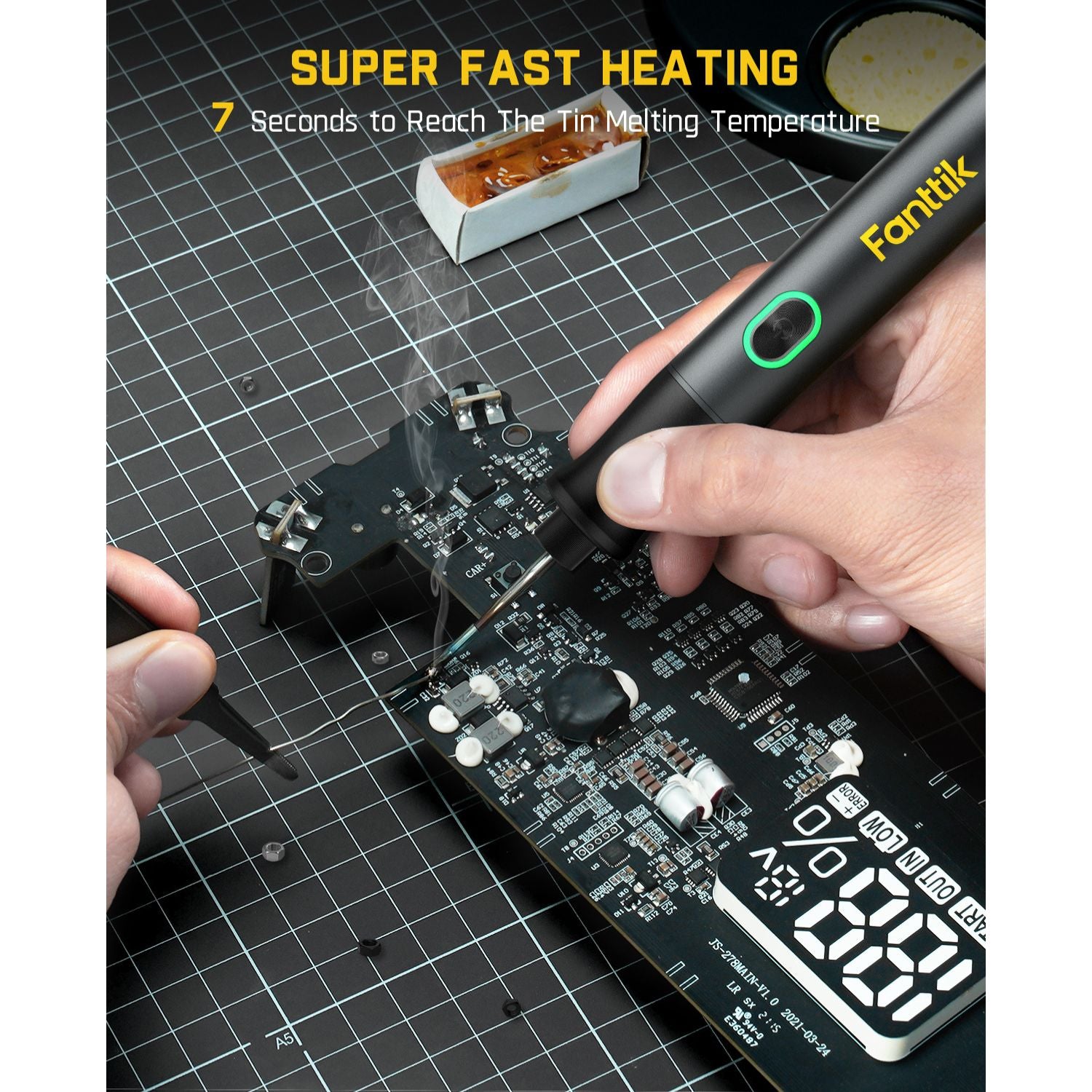 Person using a Fantik soldering iron on an electronic component with text about super fast heating.