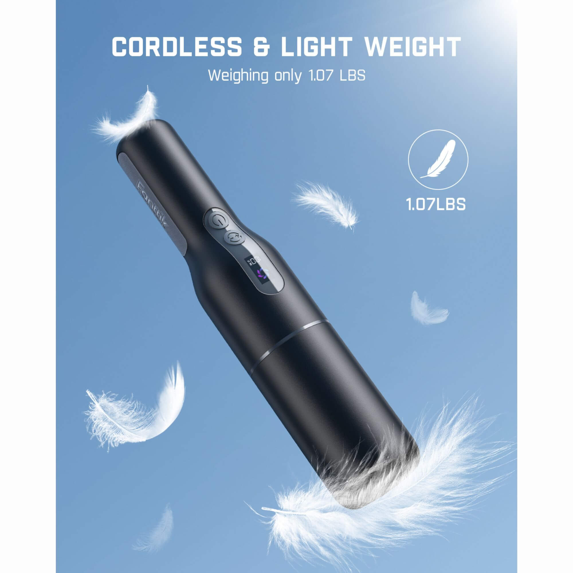 Weighing only 1 LB, Weighing only as light as one piece of chicken breast, the Fanttik V7 pocket cordless car vacuum combined with an ergonomic grip design and a non-slip handle, it's a breeze to complete the cleaning task