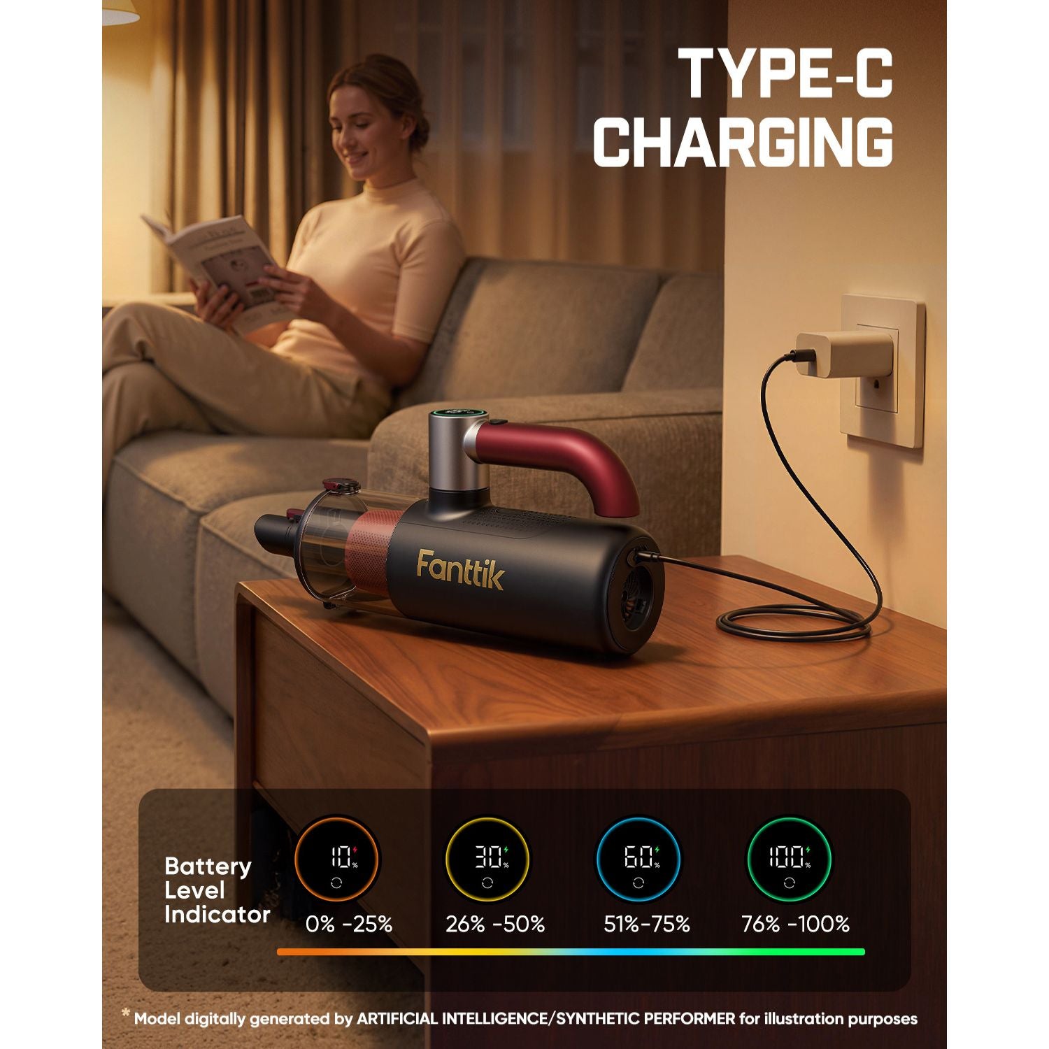 Woman reading a book on a couch with a Fanttik Cruise V11 APEX Cordless Handheld Vacuum charging on a table, emphasizing Type-C charging.