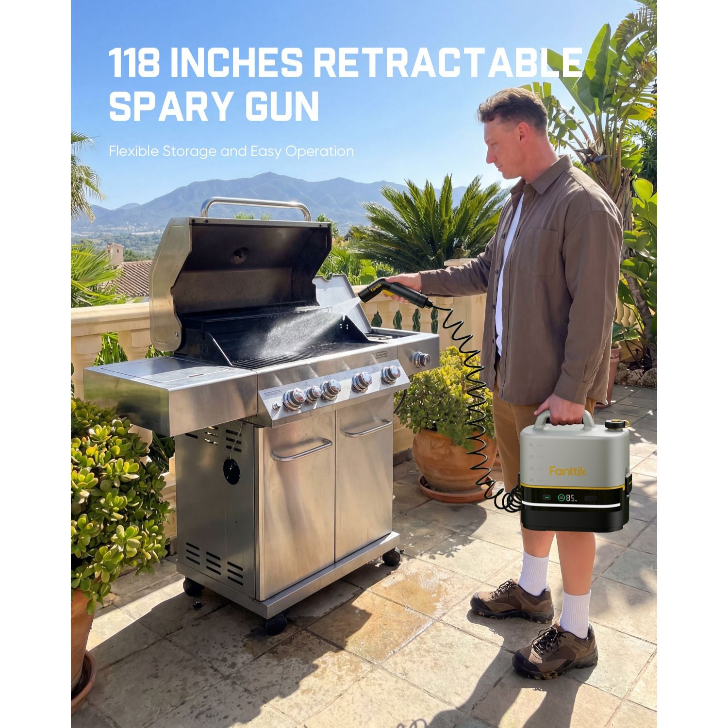 Man using a Fanttik NB10 Nano Portable Cordless Electric Sprayer on a grill with text about a 118-inch retractable spary gun.