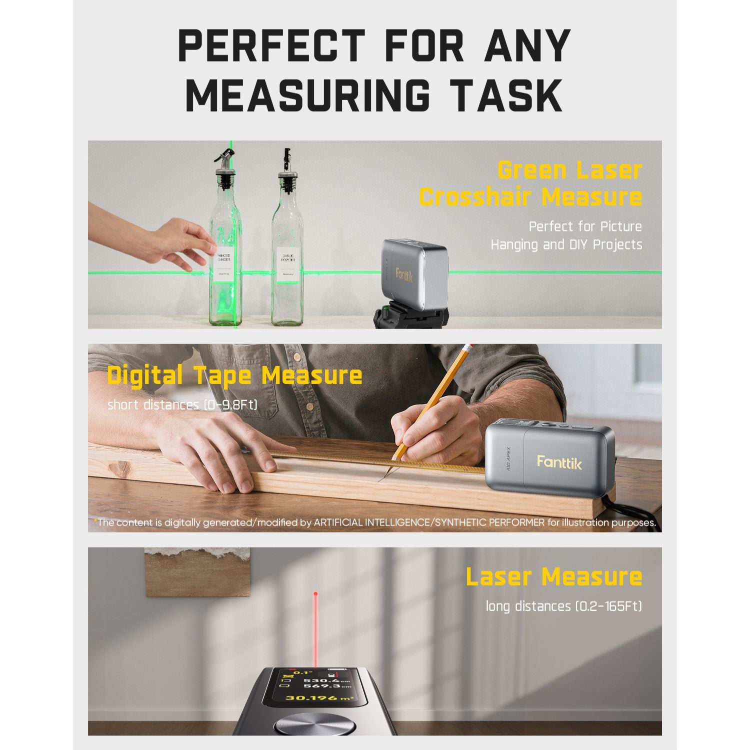 Fanttik A10 Apex 3-in-1 laser distance meter with green cross-line, digital tape, and laser measurement