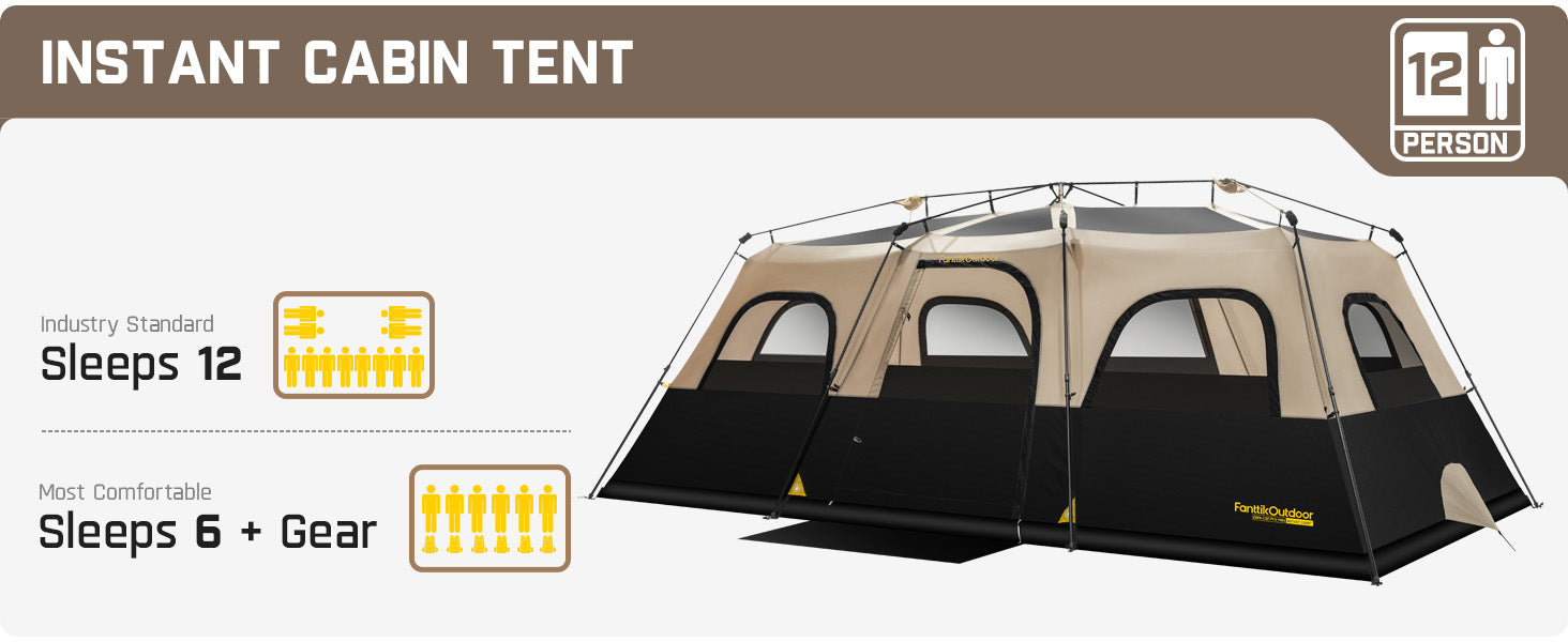 FanttikOutdoor Instant Cabin Tent 12 Person Camping Tent Setup in 90 Seconds with Rainfly & Windproof Portable with Carry Bag for Family Camping & Hiking, Upgraded Ventilation