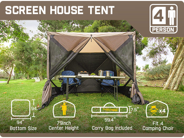 Zeta D4 Pro Max Camping Canopy Gazebo Tent, 4 Person Pop-up Screen Tent for Camping 4 Sided Shelter Tent with 1 Wind Panel & Carrying Bag Easy Set up in 60 Seconds
