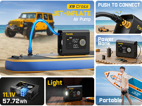 Fanttik X9 Cross Paddle Board Air Pump, Portable Tire Inflator | Max 75PSI with Auto-Off, Deflation | Air Pump with Light and Power Bank | for SUP, Car, Motorcycle, Board, Kayak, Tent etc.