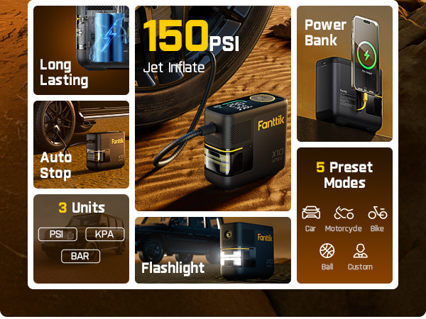 Fanttik X10 APEX Tire Inflator Portable Air Compressor, 35s Fast Inflation, 150 PSI Cordless Tire Inflator with Digital Pressure Gauge, Car Air Pump for MPV, SUV, Motorcycles, Bikes, Balls