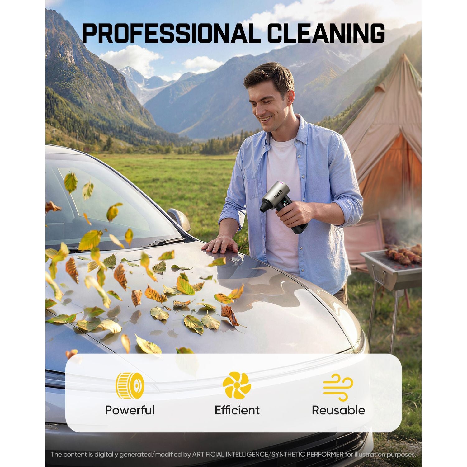 A man outdoors in a mountain camping setting uses a hElectric Air Duster on the hood of a silver car, with falling leaves visible on the surface. Large text reads 'PROFESSIONAL CLEANING,' and three feature icons at the bottom say Powerful, Efficient, and Reusable.