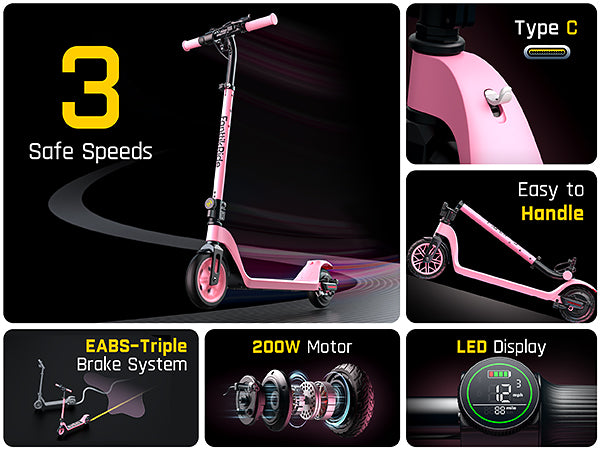 FanttikRide T10 Electric Scooter for Kids,LED Battery Level,7/10/12 MPH, Height Adjustable and 45W Fast Charging, Foldable Electric Scooter for Kids 4.3-5.6 ft, Foldable E-Scooter