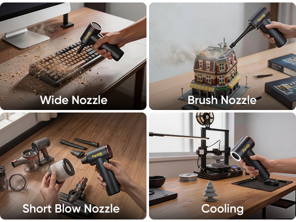 A four-panel product demonstration collage showing a Fanttik B11 Pro Electric Air Duster in different nozzle configurations: Wide Nozzle, Brush Nozzle, Short Blow Nozzle, and Cooling. Each panel shows a person's hands using the vacuum on different surfaces and objects, including a keyboard, a miniature house, and a cooling fan setup.
