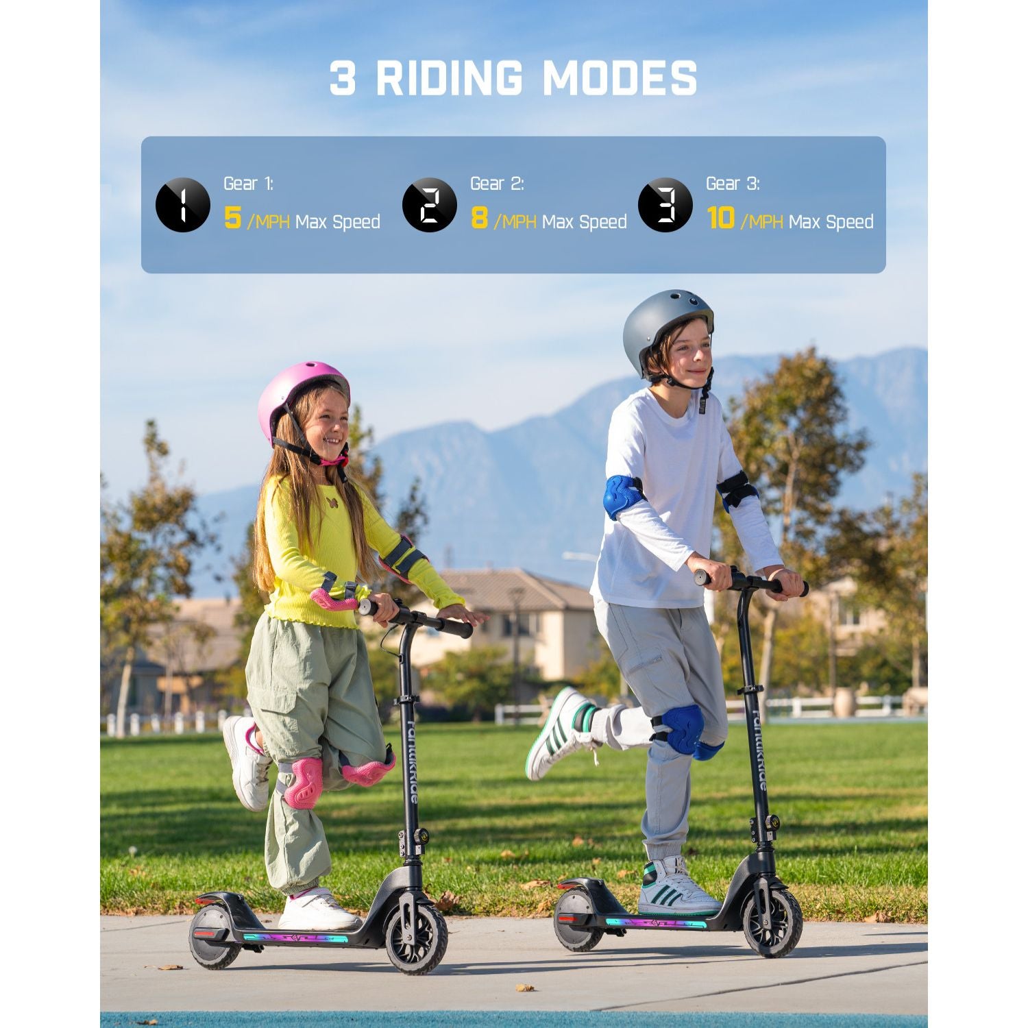 Fanttikride C10 Apex Electric Scooter for Kids,Bluetooth Music Speaker, LED Display, 5/8/10 MPH, 6.5 Miles Range, Height Adjustable, Type C Charging, Foldable Electric Scooter, 3.9-5.2 ft