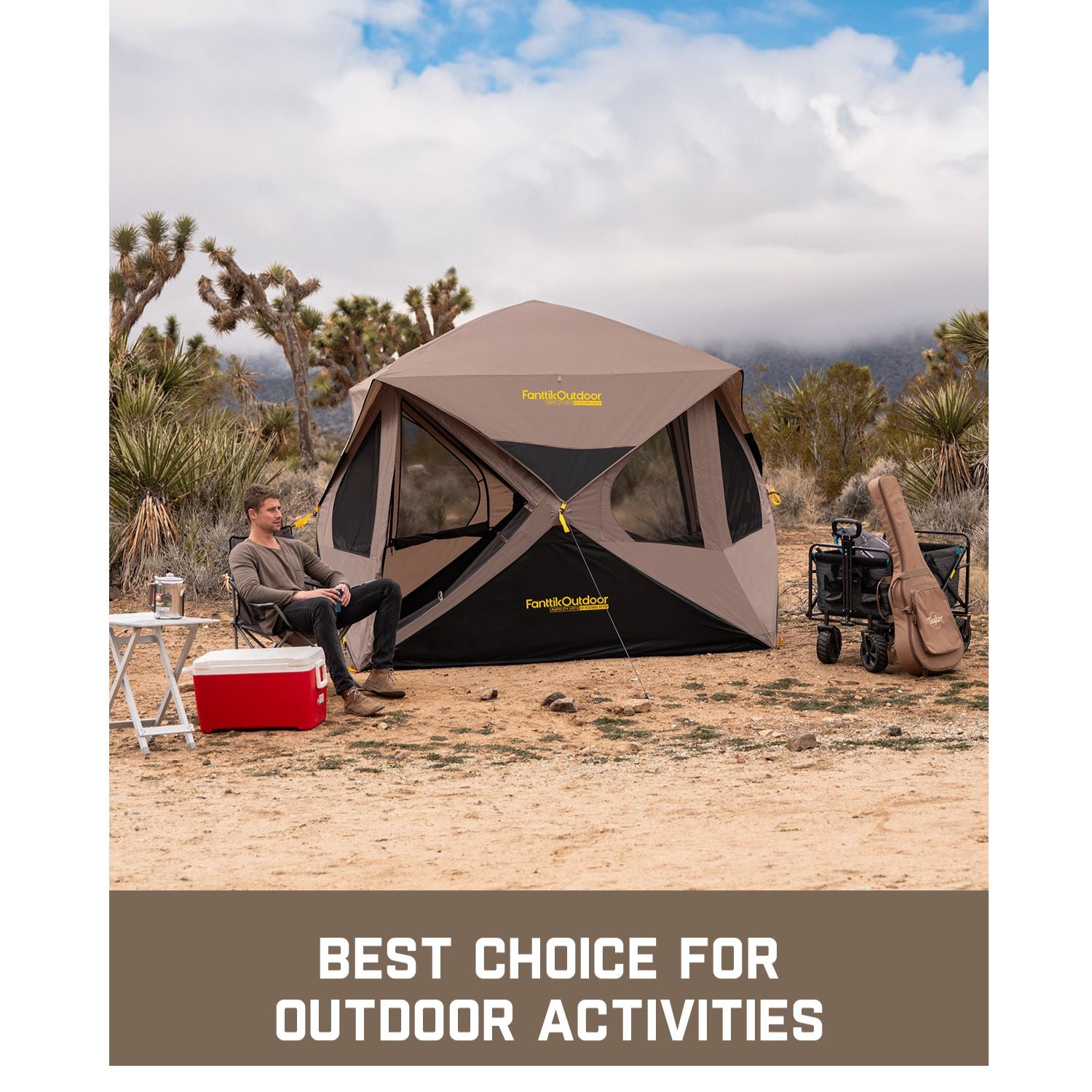 FanttikOutdoor Alpha C4 Ultra Instant Cabin Tent set up in a desert landscape with camping gear and a man sitting on a chair. Text reads 'Best choice for outdoor activities'.