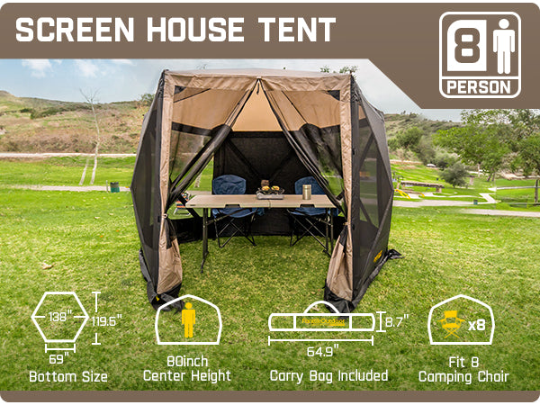 Zeta D8 Pro Max Camping Canopy Gazebo Tent, 8 Person Pop-up Screen Tent for Camping 6 Sided Shelter Tent with 2 Wind Panels & Carrying Bag Easy Set up in 60 Seconds