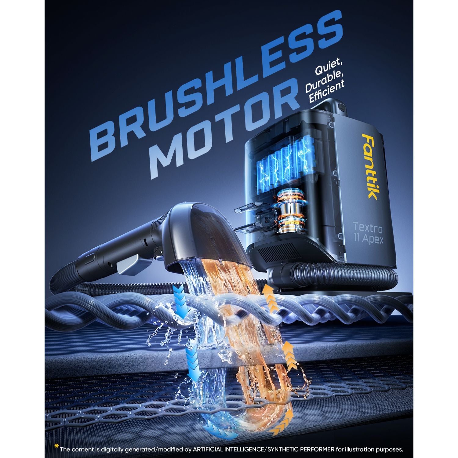 A promotional product render of a Fantlik brushless motor water-fed cleaning attachment.