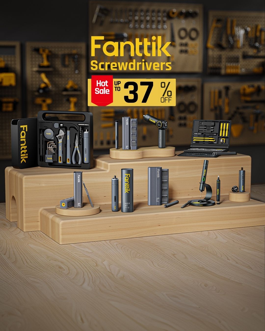 A display of Fanttik Screwdrivers products arranged on wooden pedestals, including a black tool case, a drill, a screwdriver set, and various driver tools, with a yellow and black Fanttik logo overlay on the left.