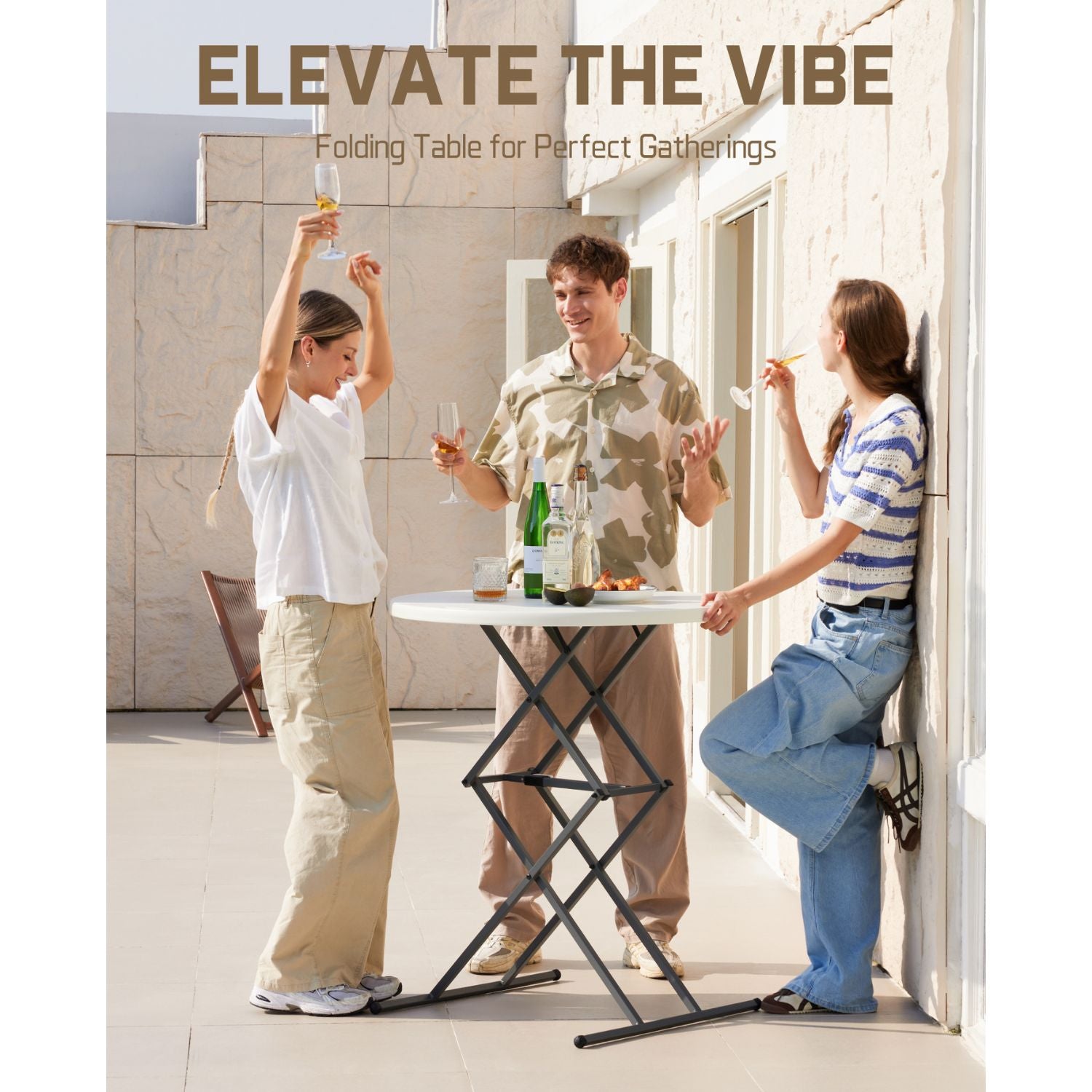 FanttikOutdoor 32" Round Folding Table 4 Heights Adjustable, One-Hand Quick Lift, Instalift, Plastic Portable Indoor Outdoor Table for Parties Commercial Events, 1 Pack, Granite White Zeta O3 Pro