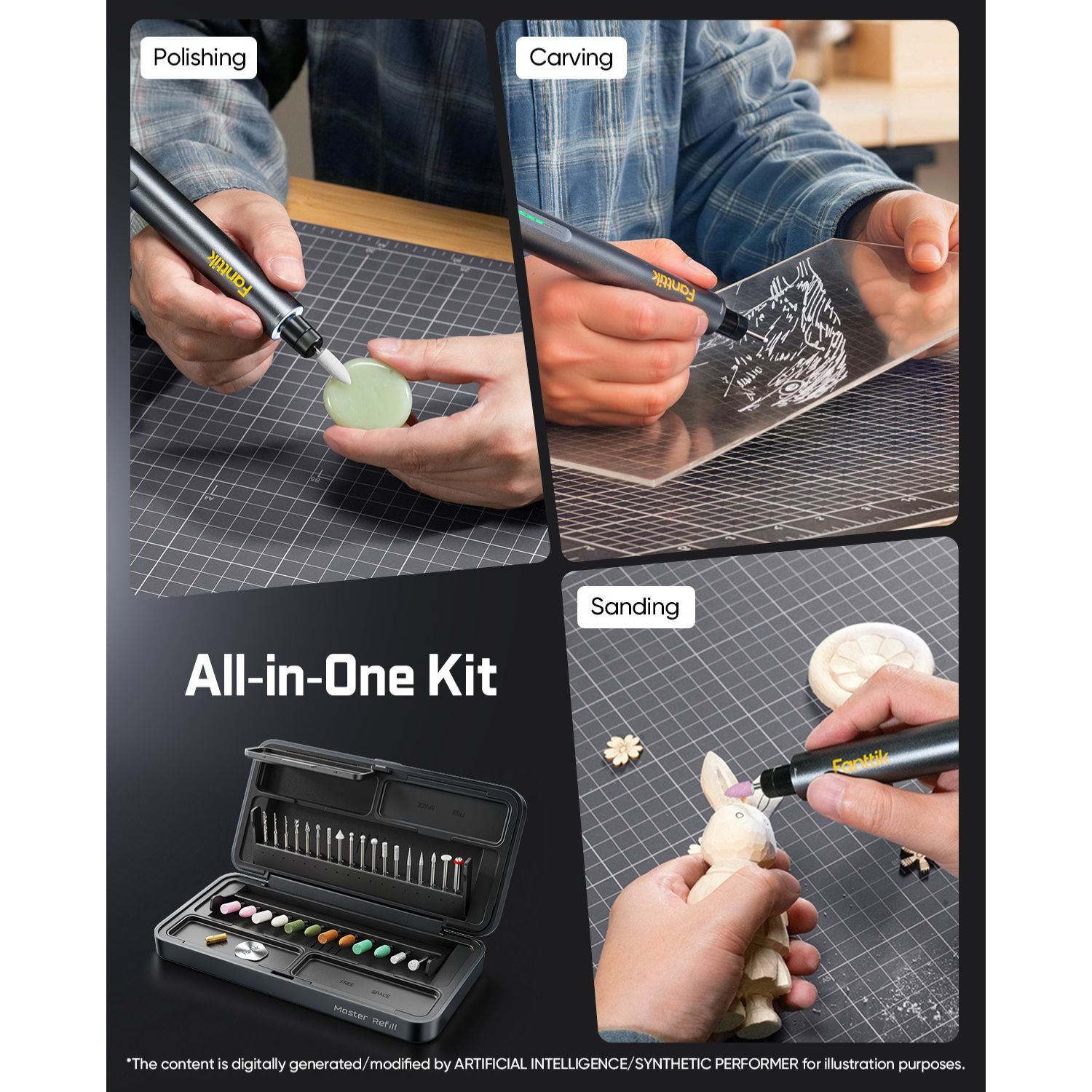 An all-in-one carving and polishing kit shown in a four-panel collage. The top panels show a person using the black-handled tool for polishing, carving, and sanding on small light-colored materials over a gridded cutting mat.