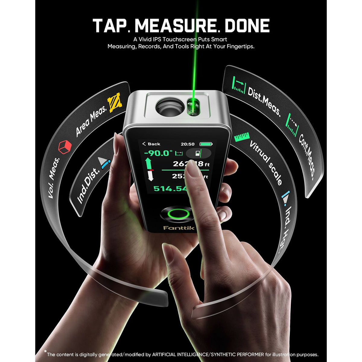 Fanttik A11 Ultra X green laser measuring tool with IPS touchscreen, handheld laser distance meter for area volume continuous measurement, smart digital laser measure